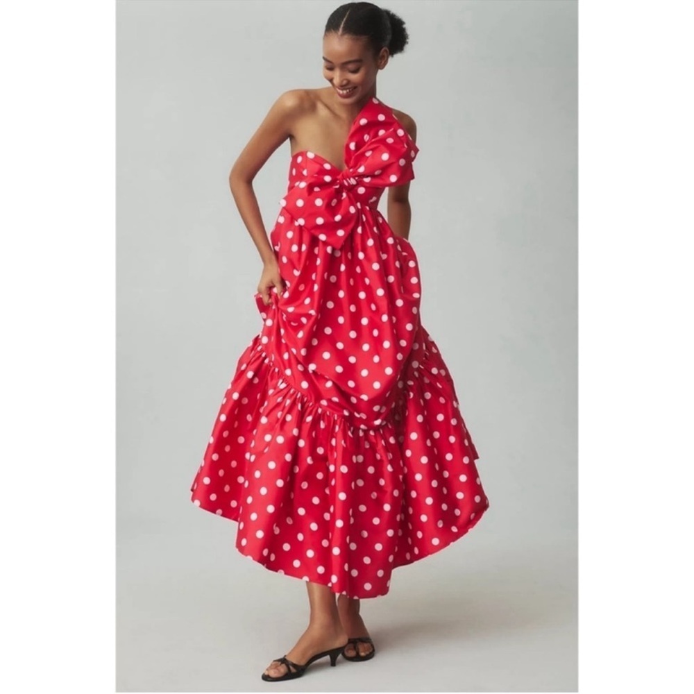 Anthropologie Atsu Sally Bow Polka Dot One Shoulder Midi Dress Red Medium NWT - Picture 10 of 12